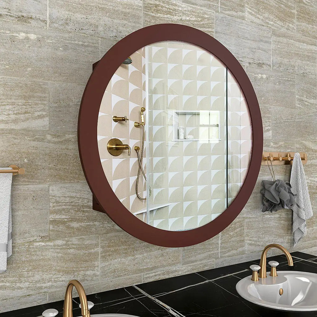 Modish Circular Shape Wooden Bathroom Cabinet Mirror with 2 Spacious Shelves with Brown Finish