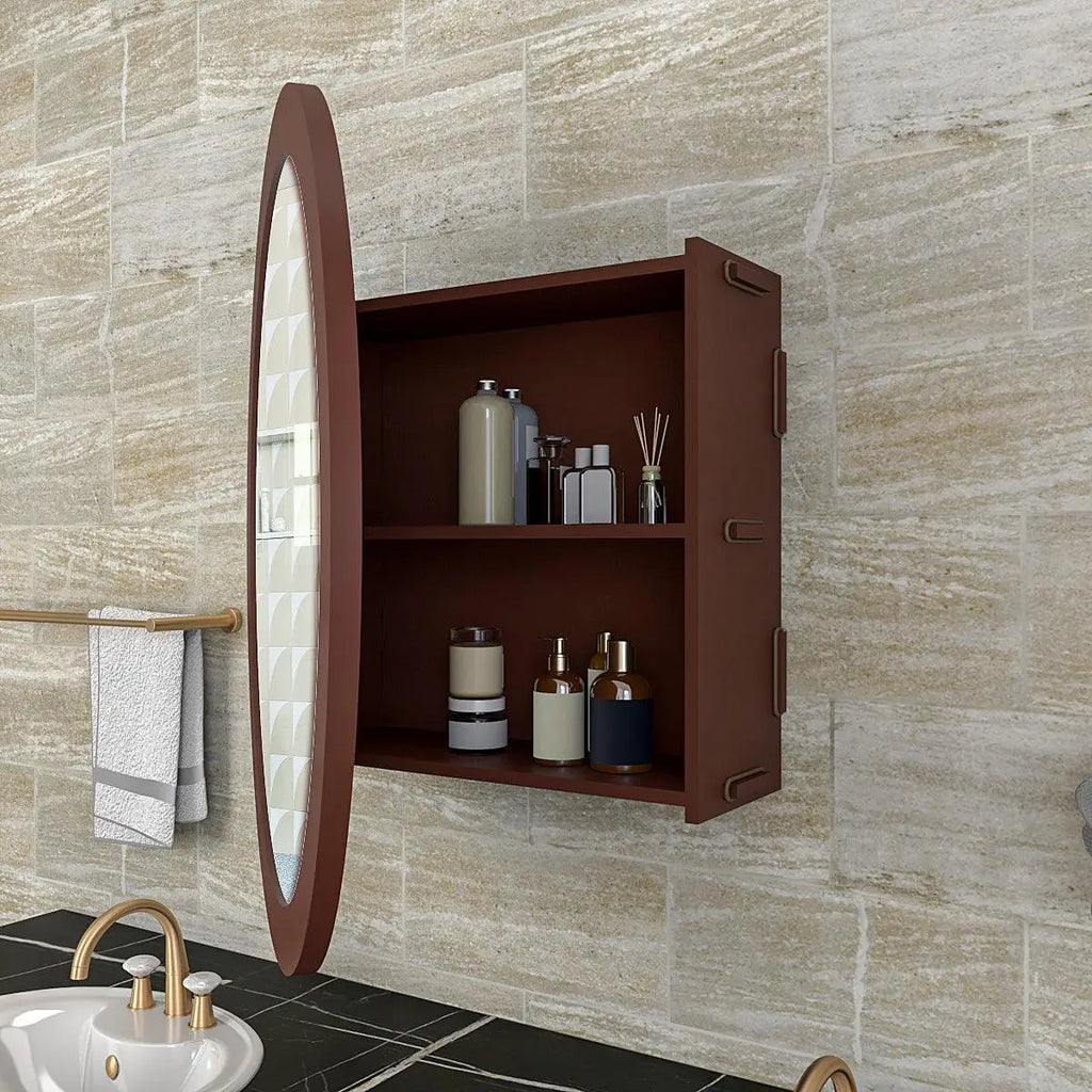 Modish Circular Shape Wooden Bathroom Cabinet Mirror with 2 Spacious Shelves with Brown Finish