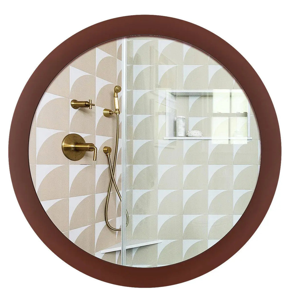 Modish Circular Shape Wooden Bathroom Cabinet Mirror with 2 Spacious Shelves with Brown Finish