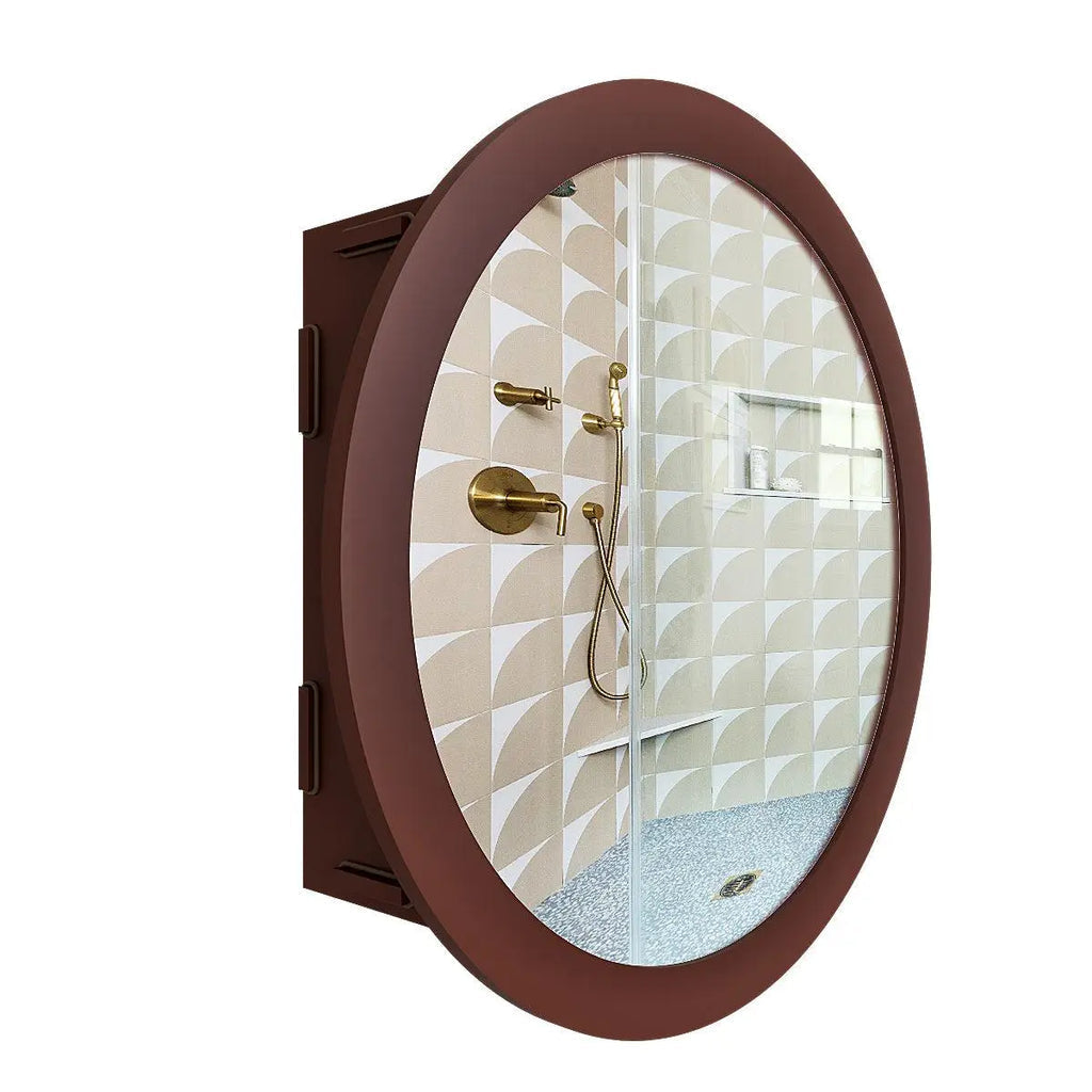 Modish Circular Shape Wooden Bathroom Cabinet Mirror with 2 Spacious Shelves with Brown Finish