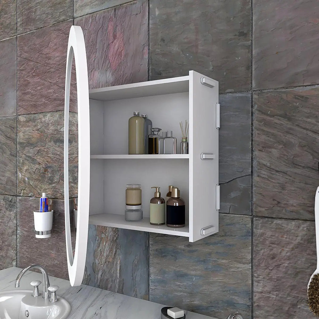Modish Circular Wooden Bathroom Cabinet Mirror with 2 Spacious Shelves with White Finish