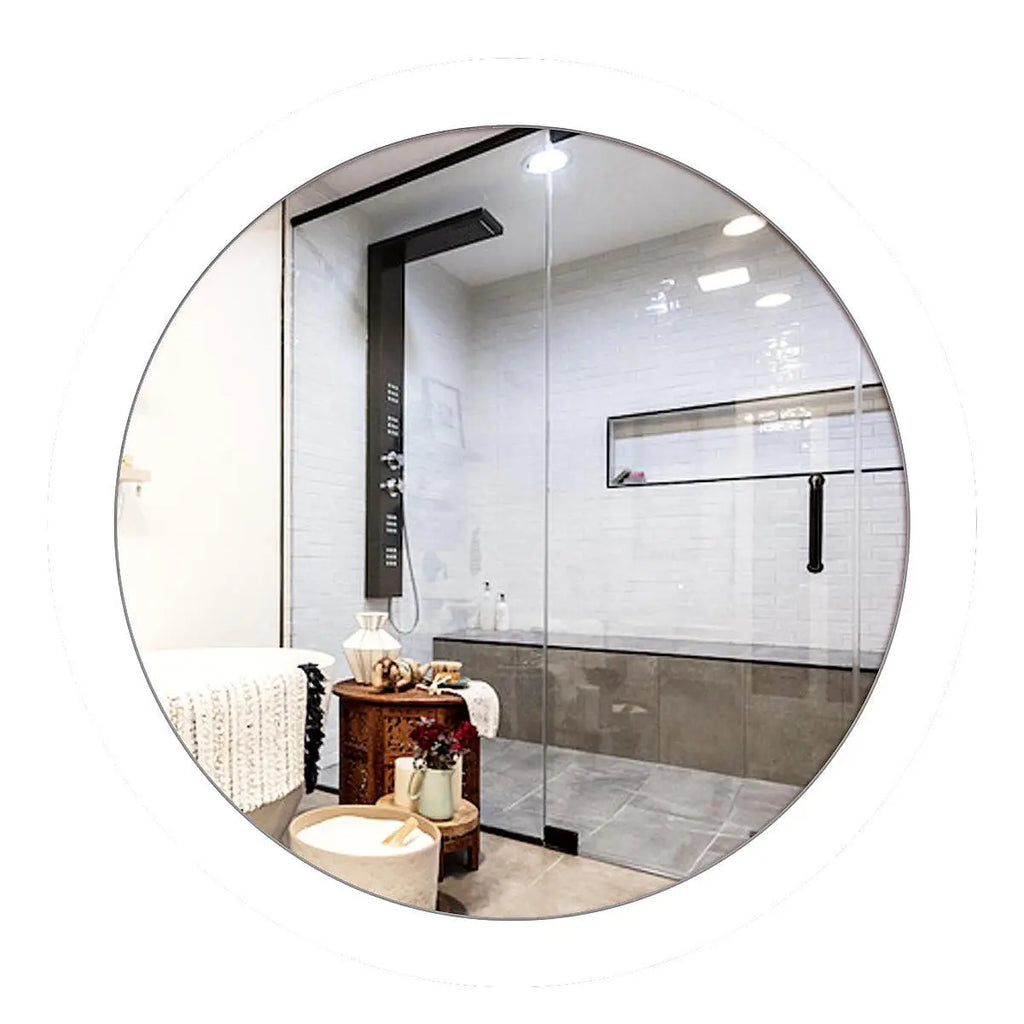 Modish Circular Wooden Bathroom Cabinet Mirror with 2 Spacious Shelves with White Finish