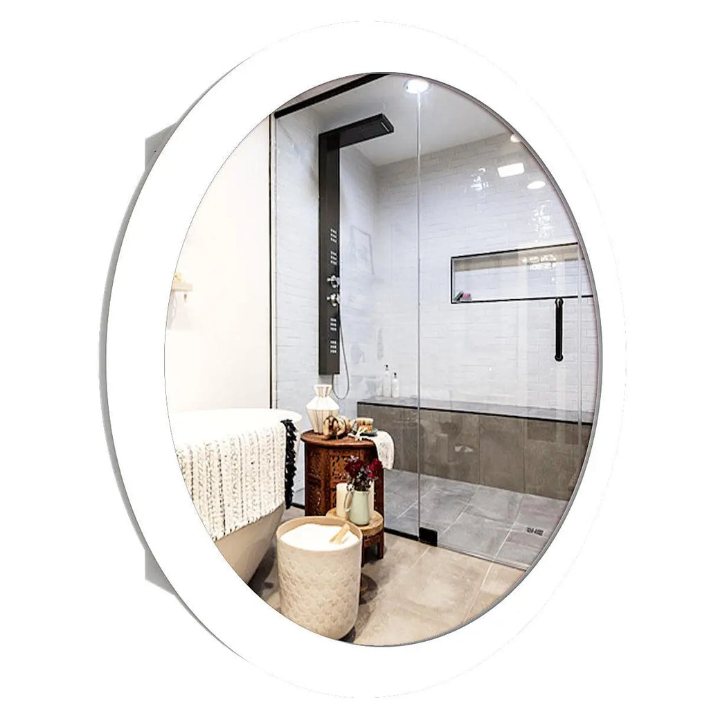 Modish Circular Wooden Bathroom Cabinet Mirror with 2 Spacious Shelves with White Finish