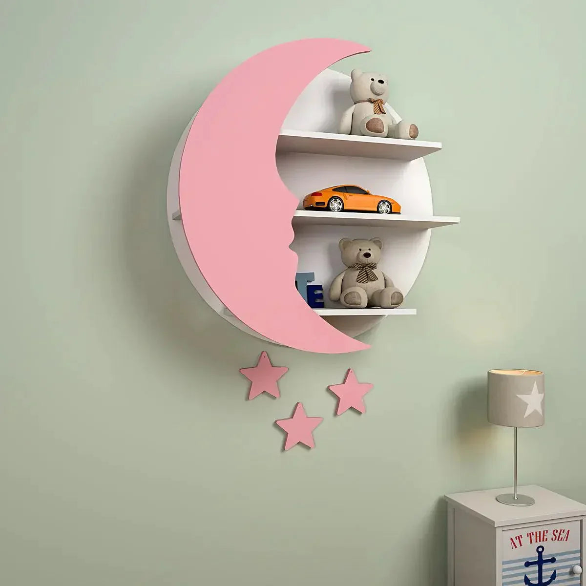 Moon and Stars Shape Wooden Wall Storage Shelf for Kids