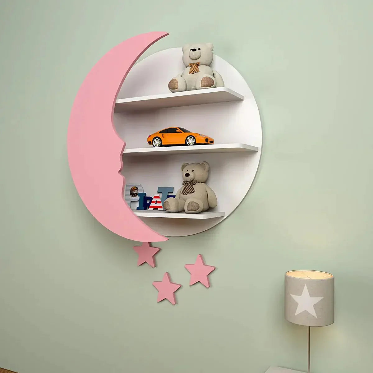 Moon and Stars Shape Wooden Wall Storage Shelf for Kids