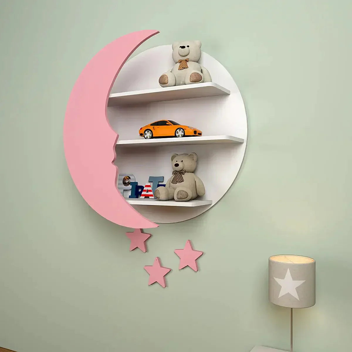 Moon and Stars Shape Wooden Wall Storage Shelf for Kids