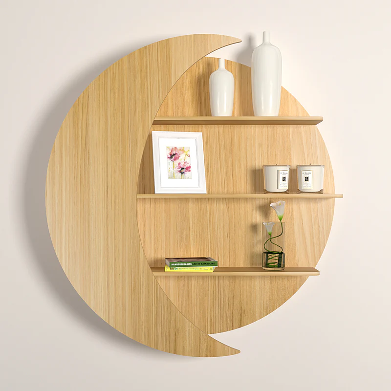 Moon Shape Designer Wooden Wall Shelf / Book Shelf, Oak Finish