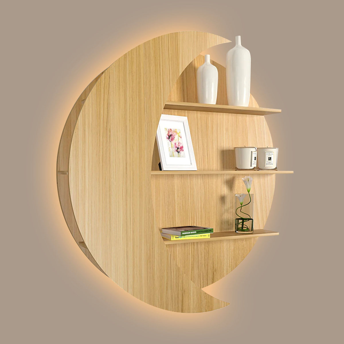 Moon Shape Designer Wooden Wall Shelf / Book Shelf, Oak Finish
