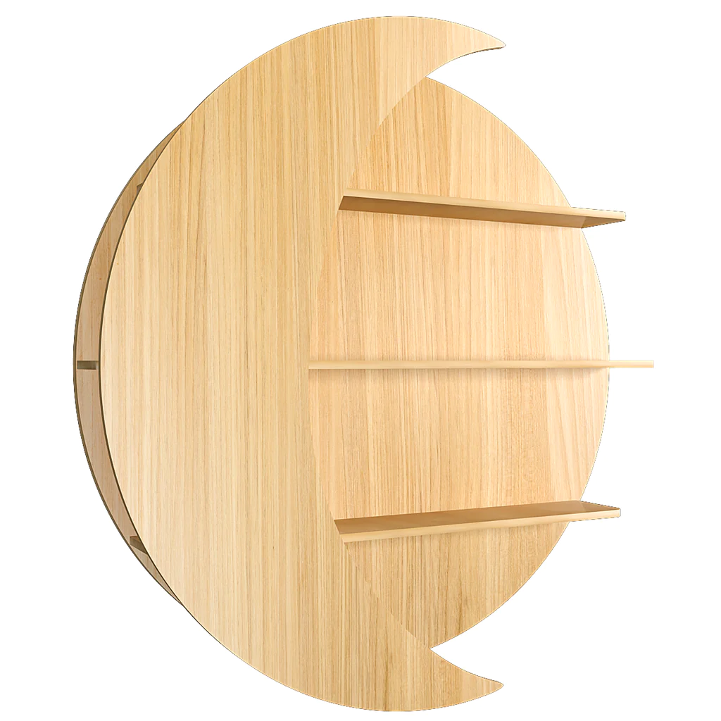 Moon Shape Designer Wooden Wall Shelf / Book Shelf, Oak Finish