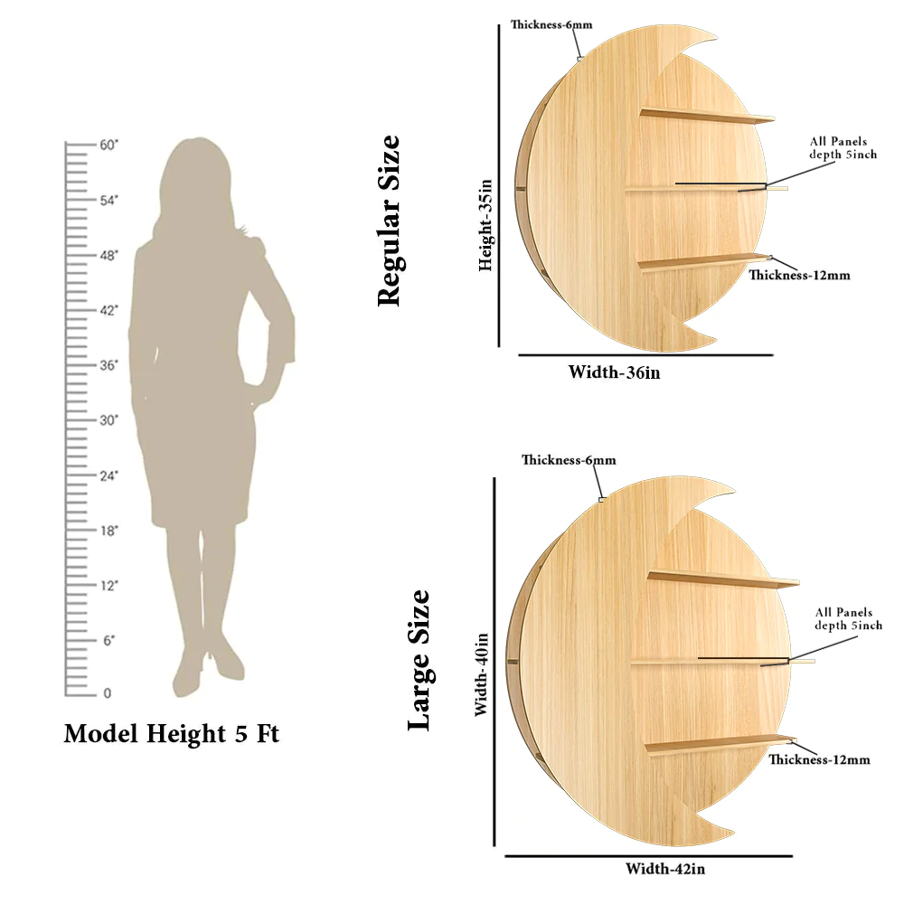 Moon Shape Designer Wooden Wall Shelf / Book Shelf, Oak Finish
