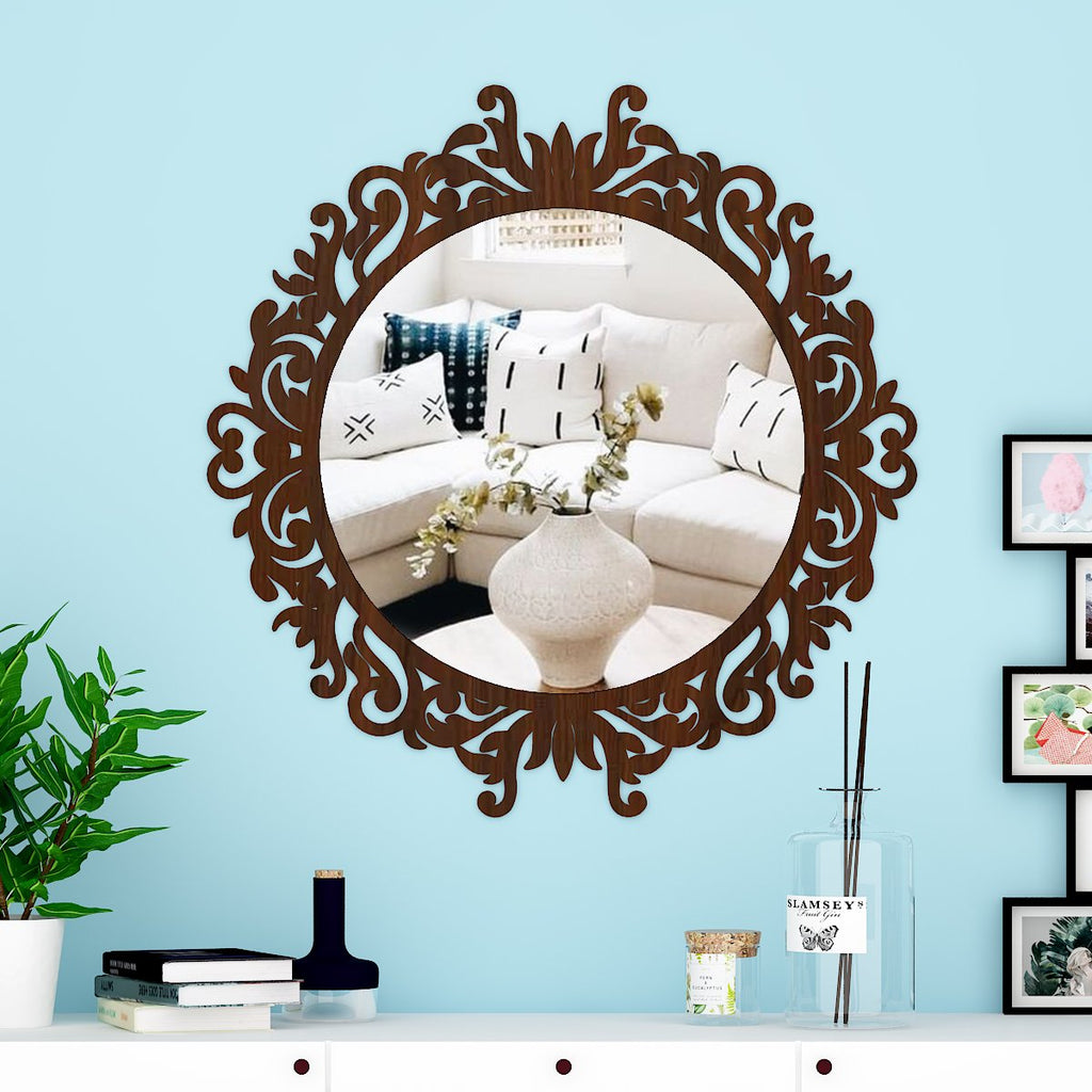 Motif Design Art Modern Round Shape Mirror with Wood Frame
