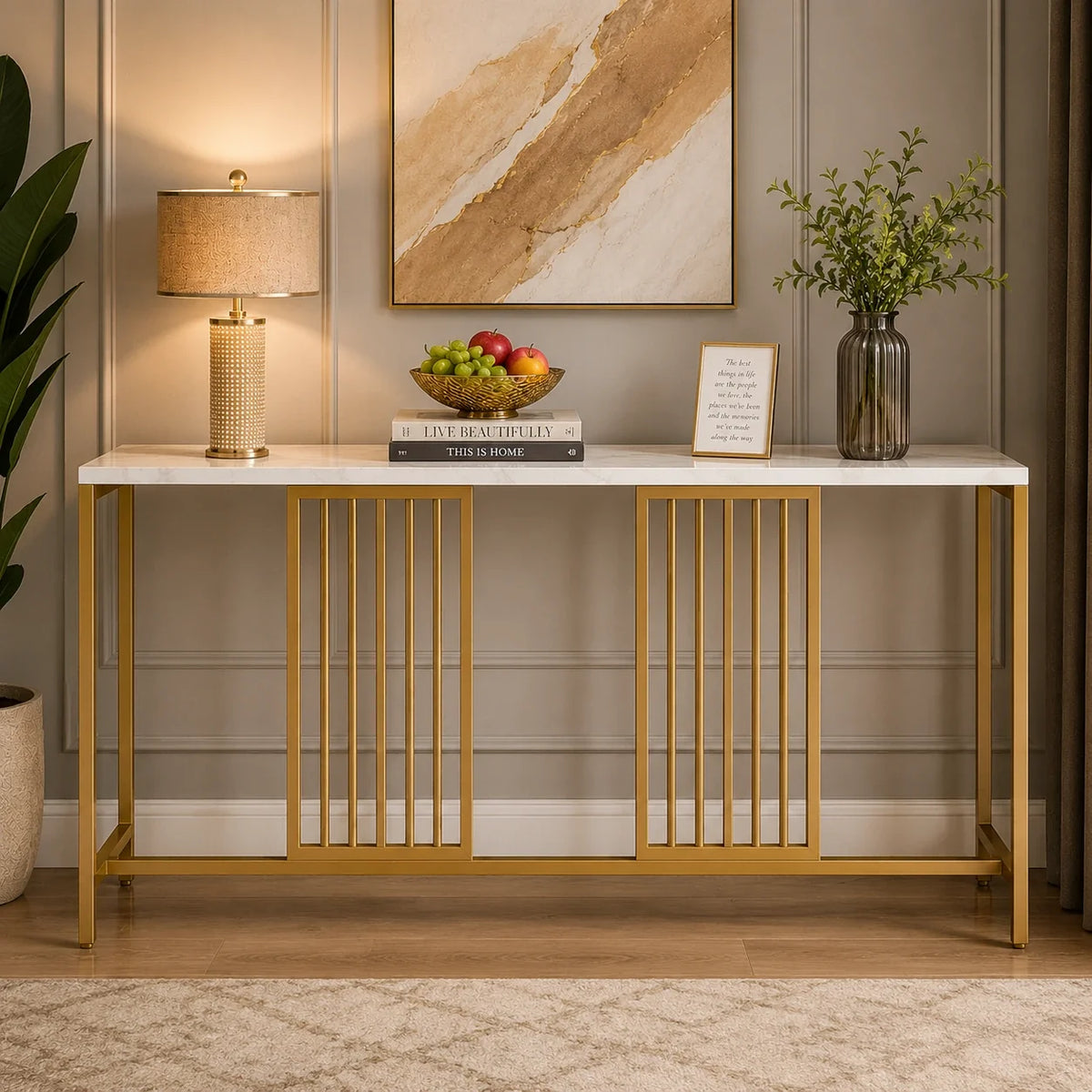 Narrow Long Faux White Marble Gold Console Table