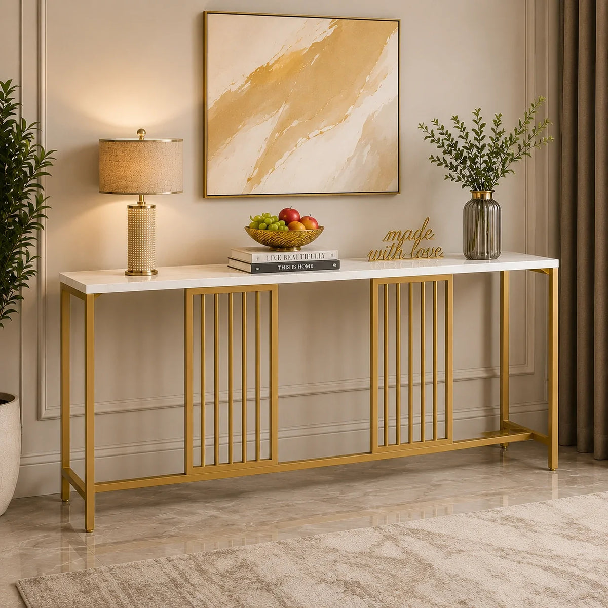 Narrow Long Faux White Marble Gold Console Table