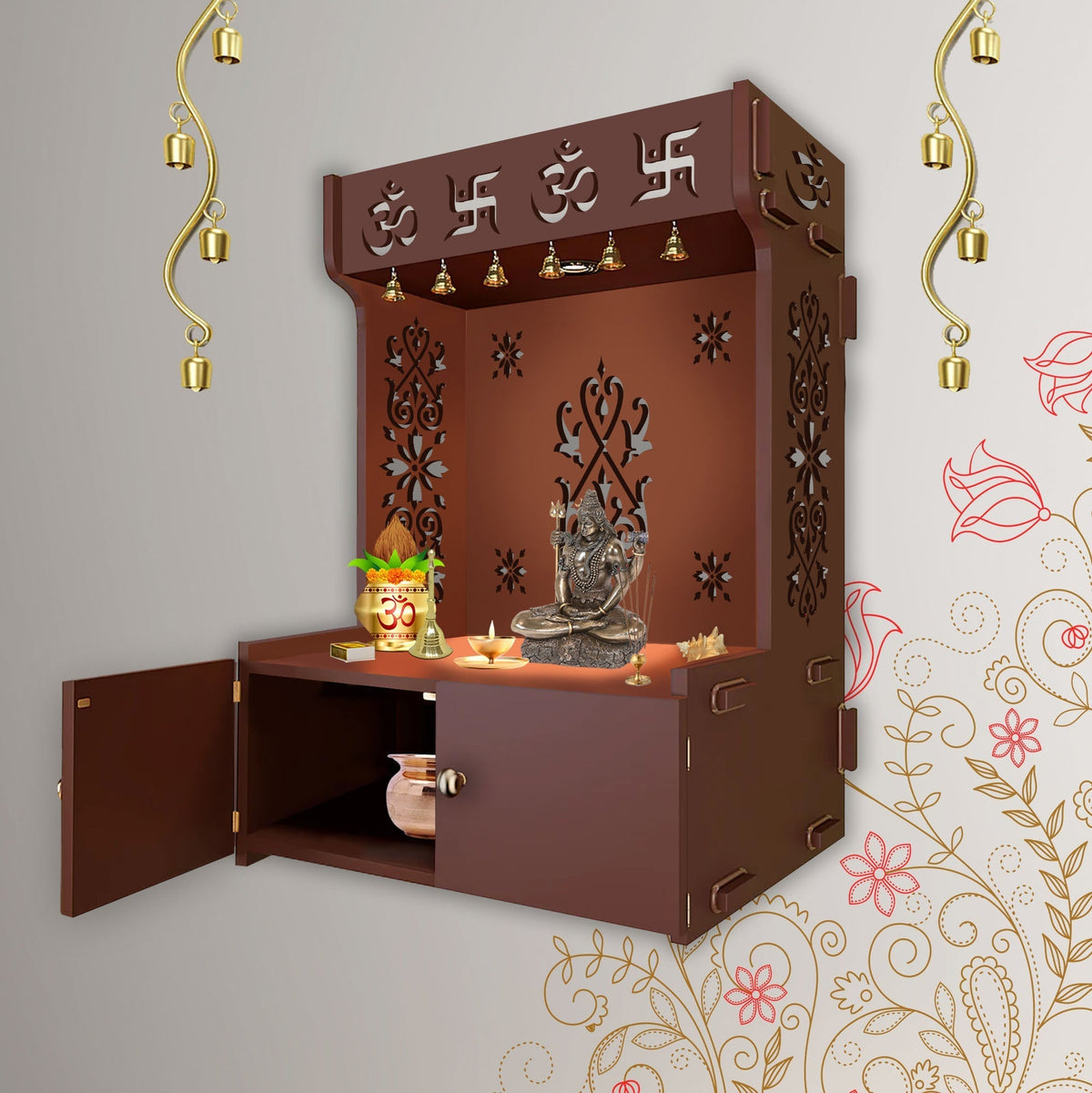 OM Swastika Symbol of Hindu Religious Brown Wooden Wall Temple for Home With Inbuilt focus Lights & Spacious Shelf