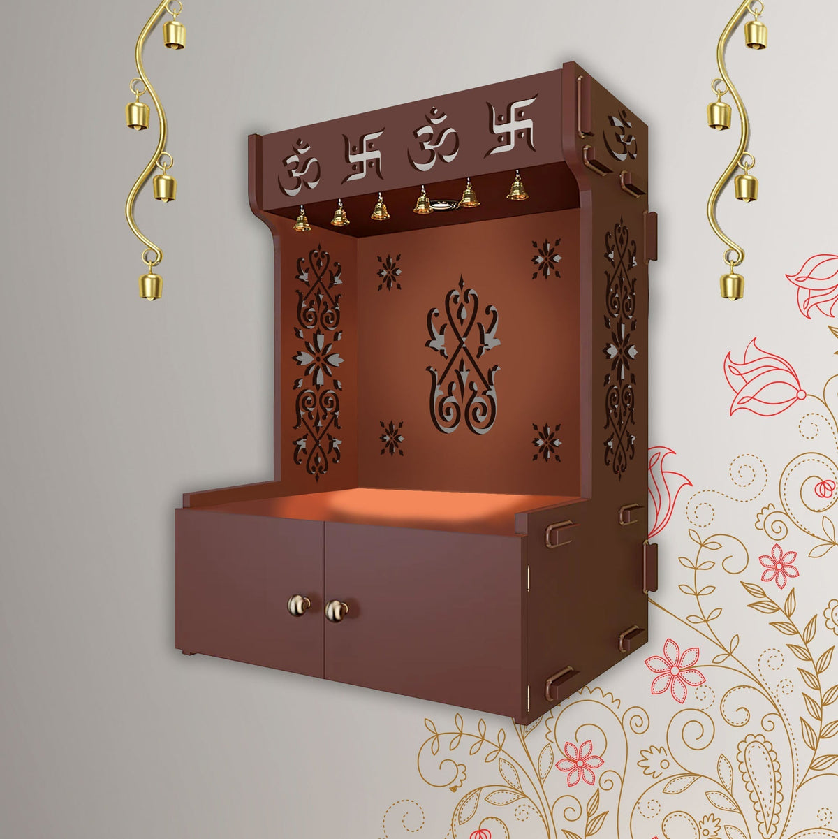 OM Swastika Symbol of Hindu Religious Brown Wooden Wall Temple for Home With Inbuilt focus Lights & Spacious Shelf