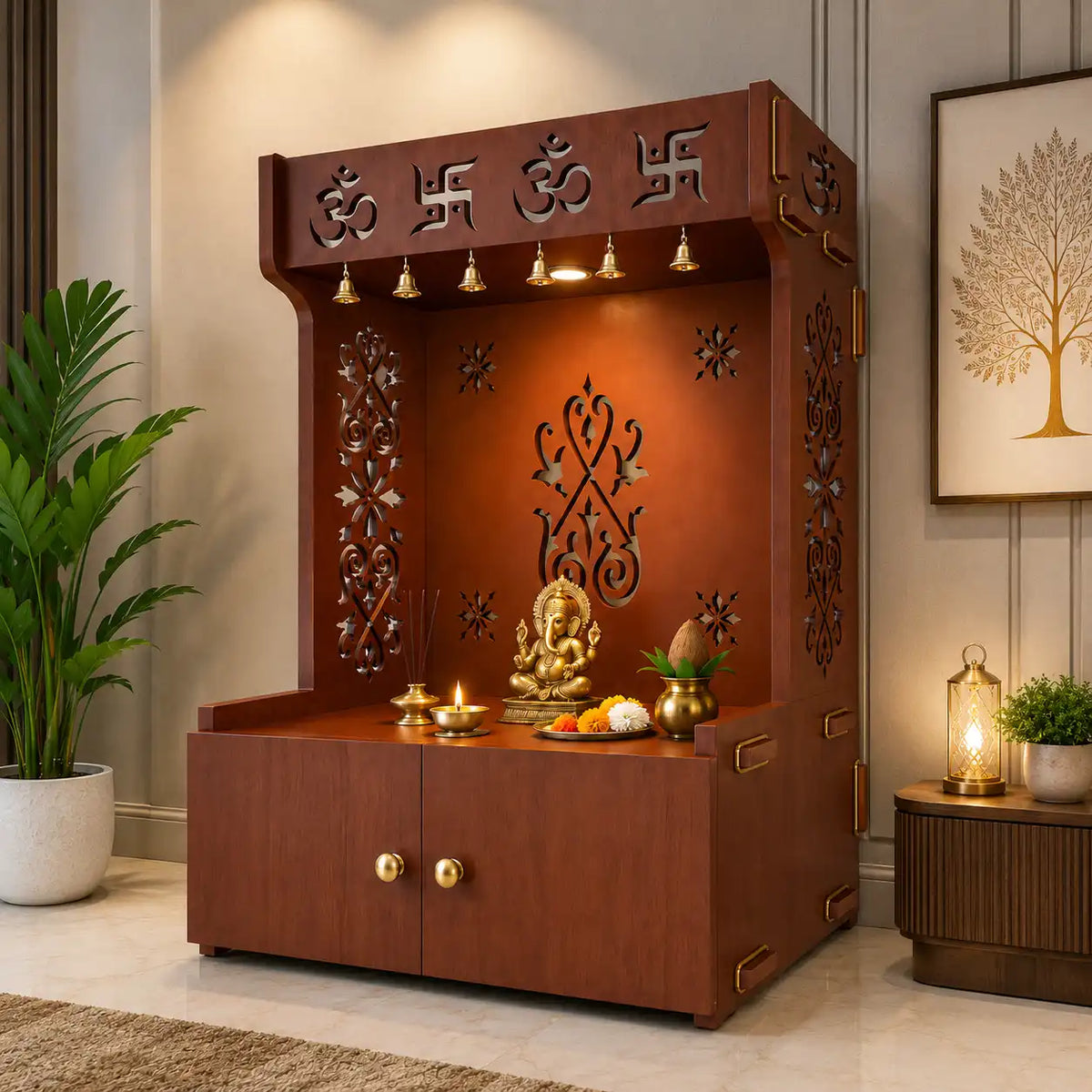 OM Swastika Symbol of Hindu Religious Floor Temple with Spacious Wooden Shelf & Inbuilt Focus Light- Brown Finish