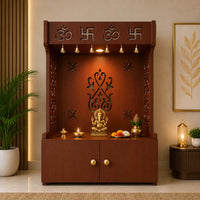 OM Swastika Symbol of Hindu Religious Floor Temple with Spacious Wooden Shelf & Inbuilt Focus Light- Brown Finish