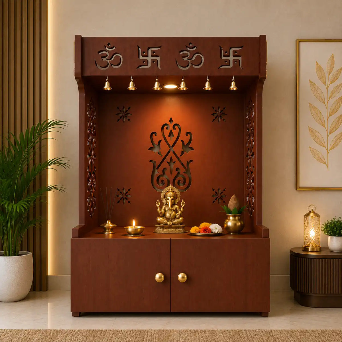 OM Swastika Symbol of Hindu Religious Floor Temple with Spacious Wooden Shelf & Inbuilt Focus Light- Brown Finish