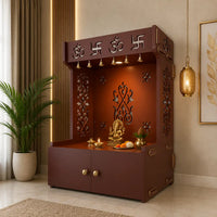 OM Swastika Symbol of Hindu Religious Floor Temple with Spacious Wooden Shelf & Inbuilt Focus Light- Brown Finish