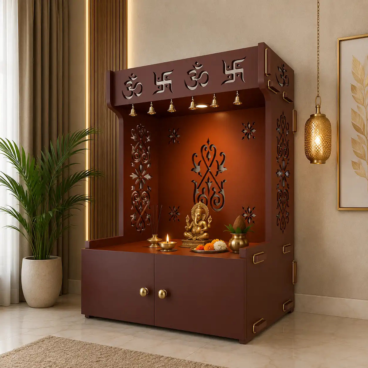OM Swastika Symbol of Hindu Religious Floor Temple with Spacious Wooden Shelf & Inbuilt Focus Light- Brown Finish