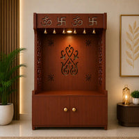 OM Swastika Symbol of Hindu Religious Floor Temple with Spacious Wooden Shelf & Inbuilt Focus Light- Brown Finish