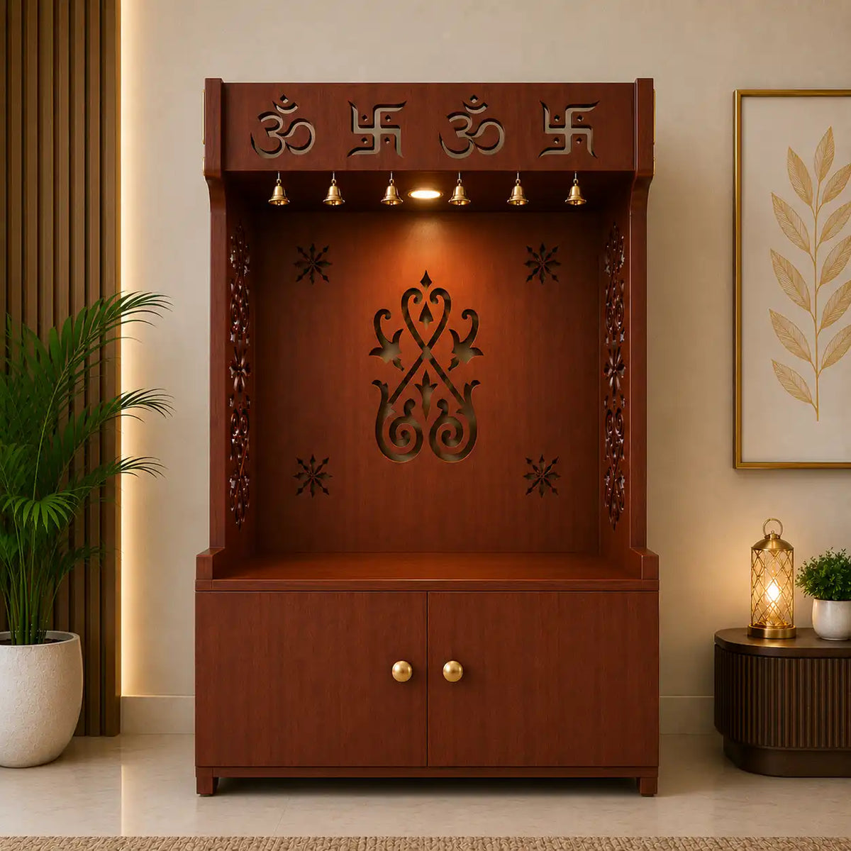 OM Swastika Symbol of Hindu Religious Floor Temple with Spacious Wooden Shelf & Inbuilt Focus Light- Brown Finish