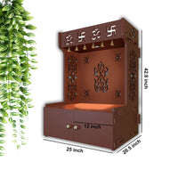 OM Swastika Symbol of Hindu Religious Floor Temple with Spacious Wooden Shelf & Inbuilt Focus Light- Brown Finish