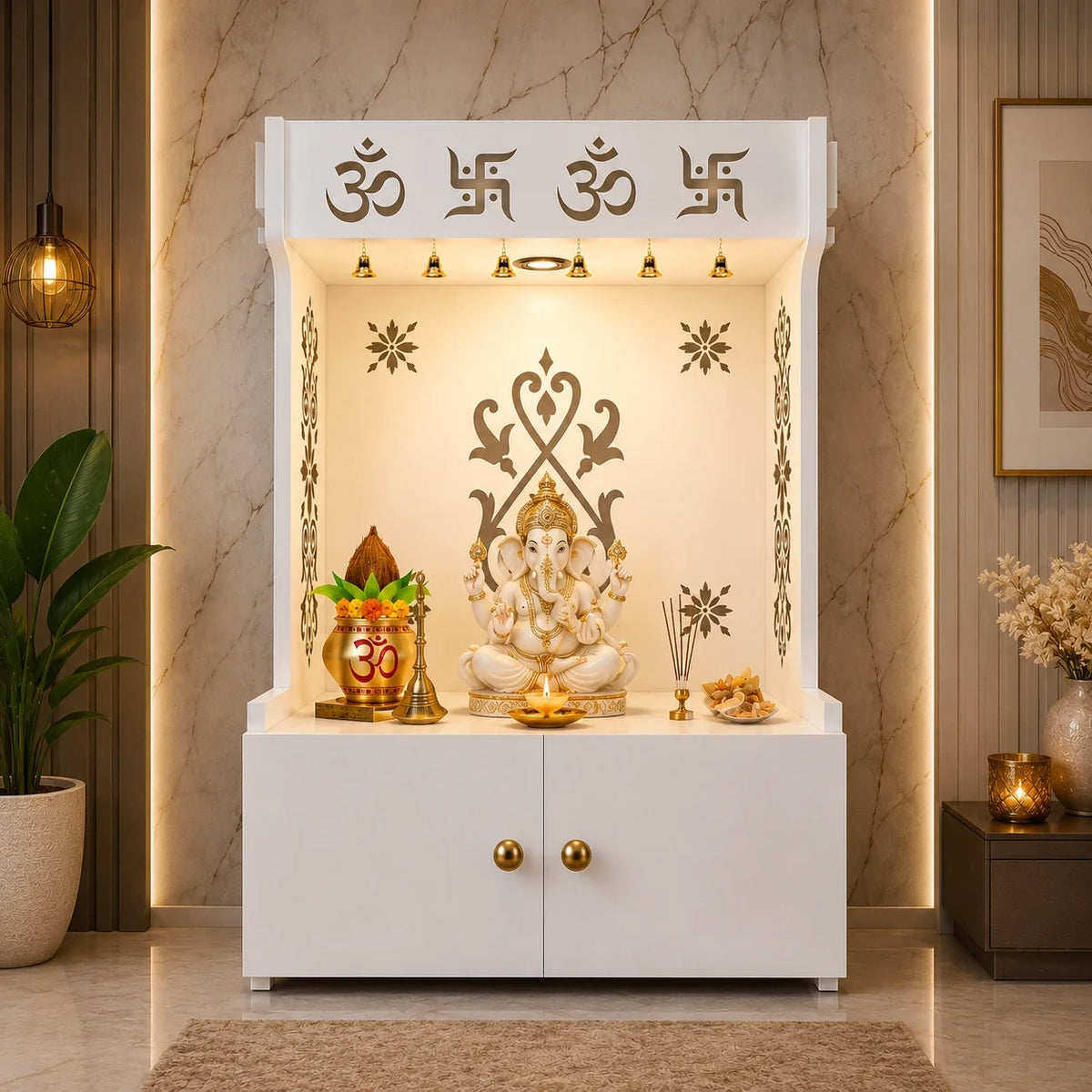OM Swastika Symbol of Hindu Religious Floor Temple with Spacious Wooden Shelf & Inbuilt Focus Light- White Finish