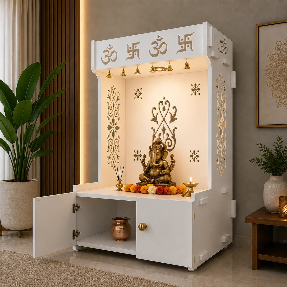 OM Swastika Symbol of Hindu Religious Floor Temple with Spacious Wooden Shelf & Inbuilt Focus Light- White Finish