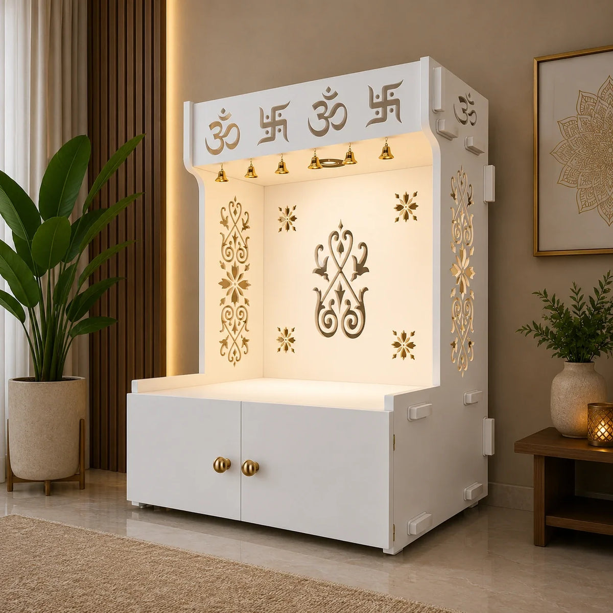 OM Swastika Symbol of Hindu Religious Floor Temple with Spacious Wooden Shelf & Inbuilt Focus Light- White Finish