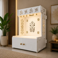 OM Swastika Symbol of Hindu Religious Floor Temple with Spacious Wooden Shelf & Inbuilt Focus Light- White Finish