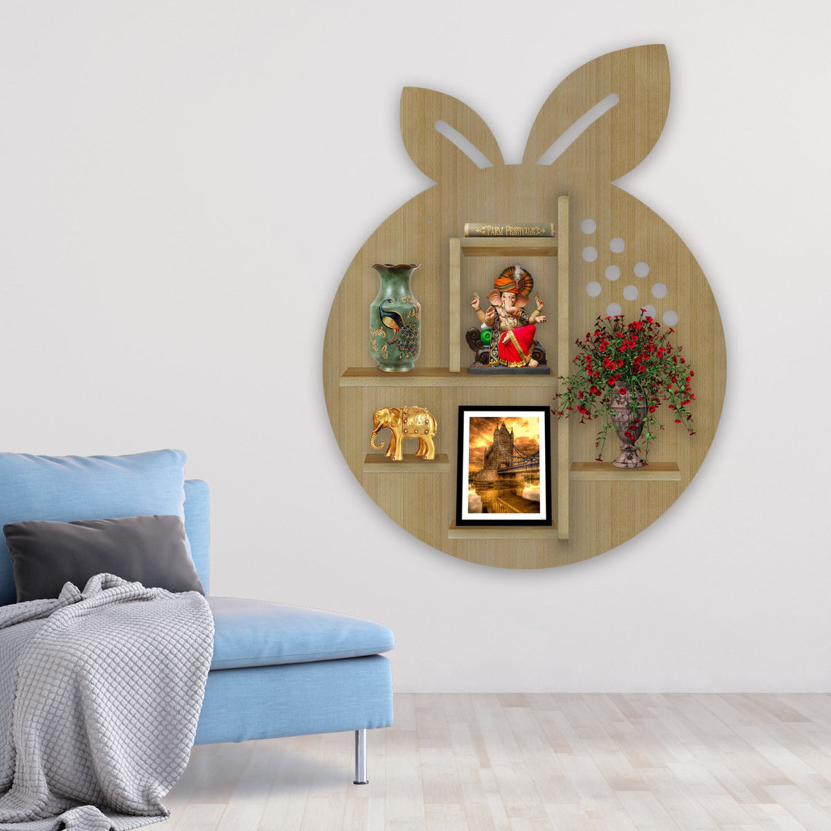 Orange Fruit Shape Wooden LED Light Wall Shelf with Oak Finish