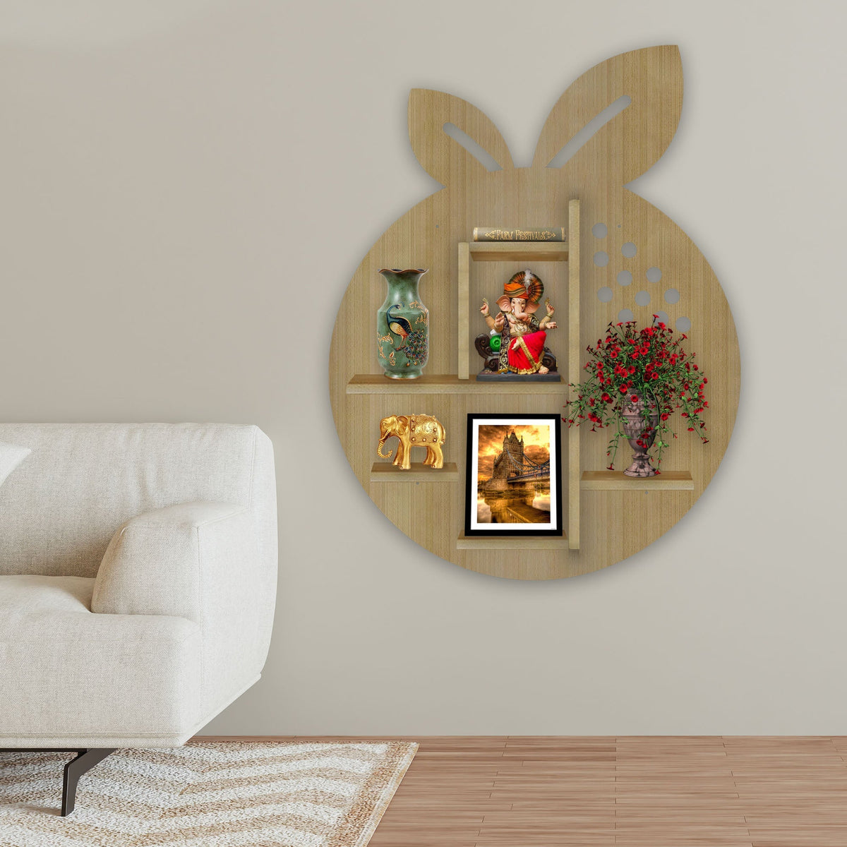 Orange Fruit Shape Wooden LED Light Wall Shelf with Oak Finish