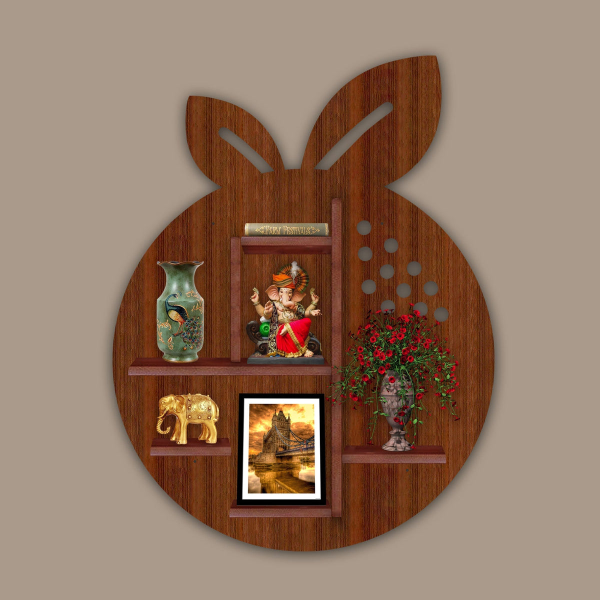 Orange Fruit Shape Wooden LED Light Wall Shelf with Walnut Finish
