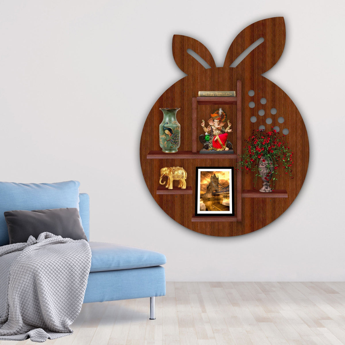 Orange Fruit Shape Wooden LED Light Wall Shelf with Walnut Finish