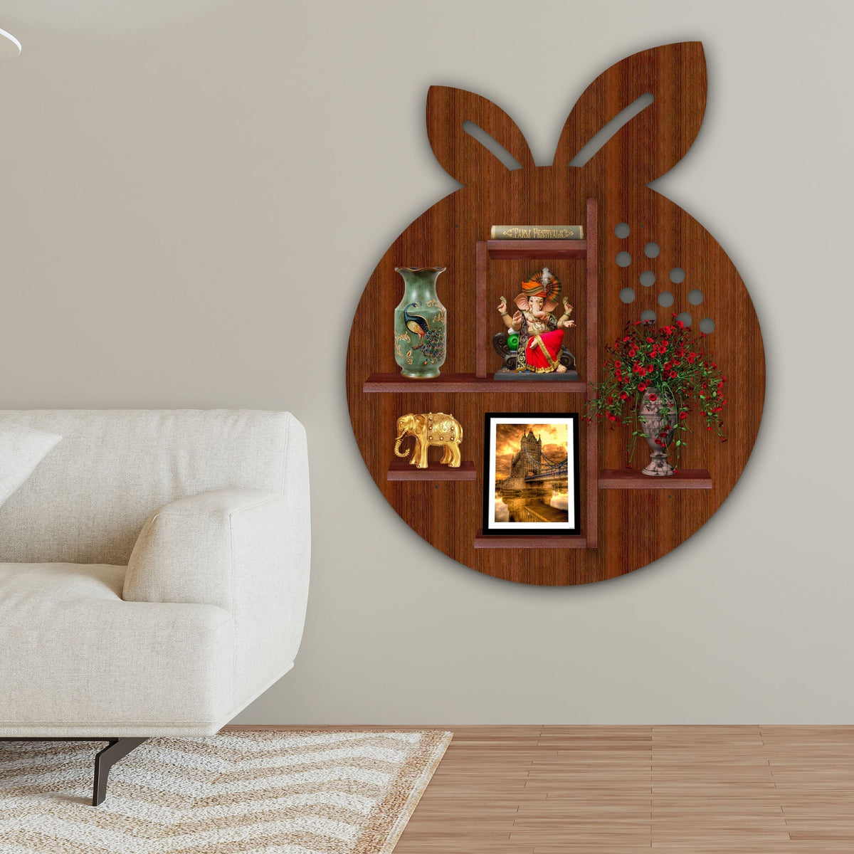 Orange Fruit Shape Wooden LED Light Wall Shelf with Walnut Finish