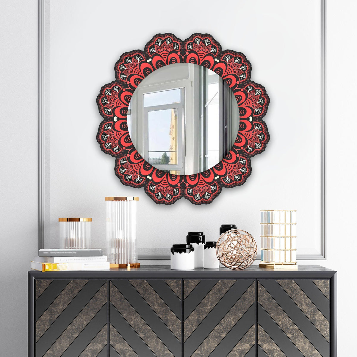 Ornamental Round Lace Red Flower Shape Printed Acrylic Wall Mirror