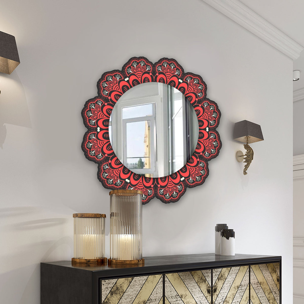 Ornamental Round Lace Red Flower Shape Printed Acrylic Wall Mirror
