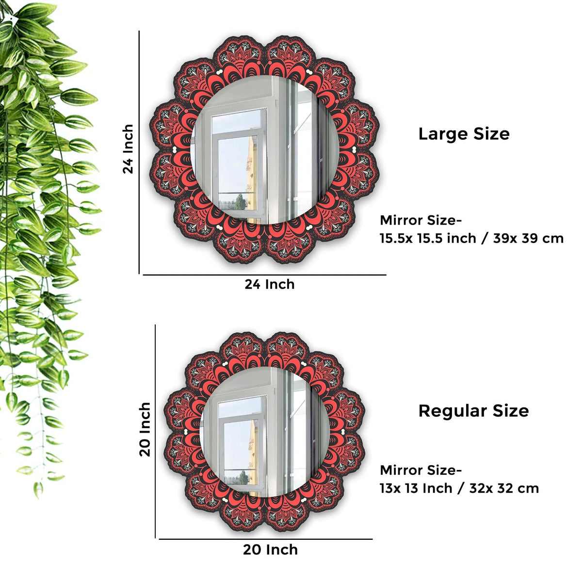Ornamental Round Lace Red Flower Shape Printed Acrylic Wall Mirror