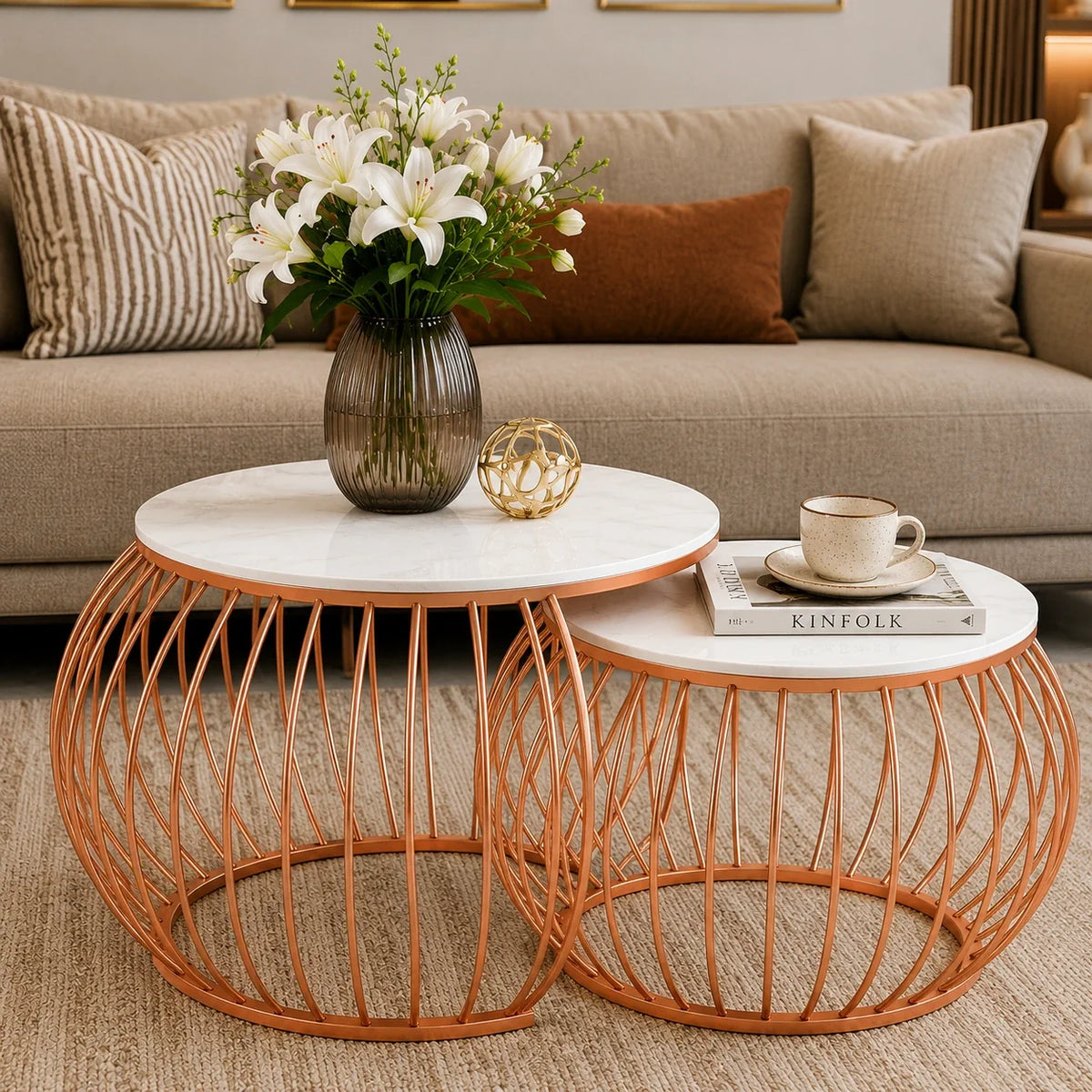 Ornate Round Copper Coffee Table Set of 2