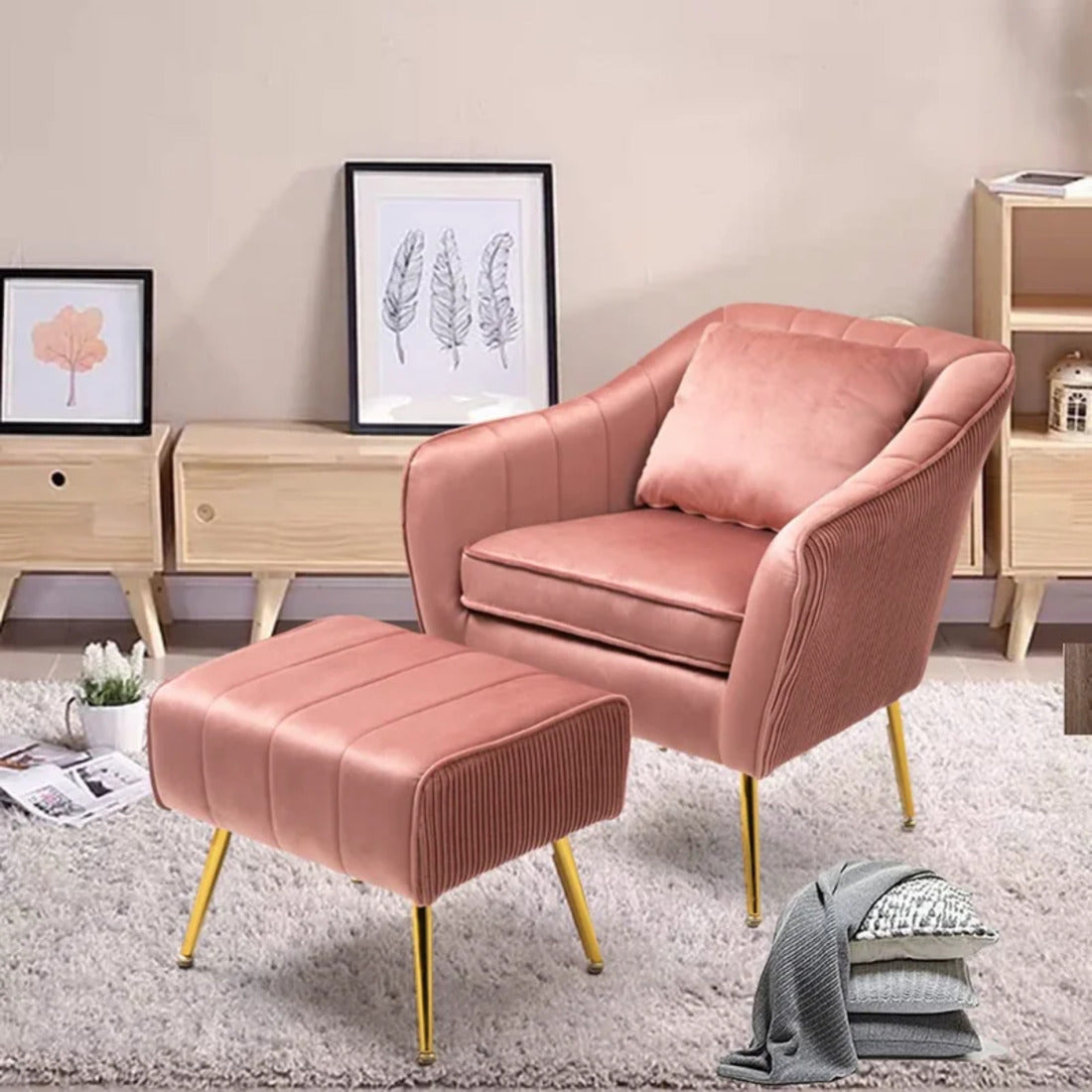Peach Fluffy Super Comfy Luxury Velvet Accent Chair with Footrest