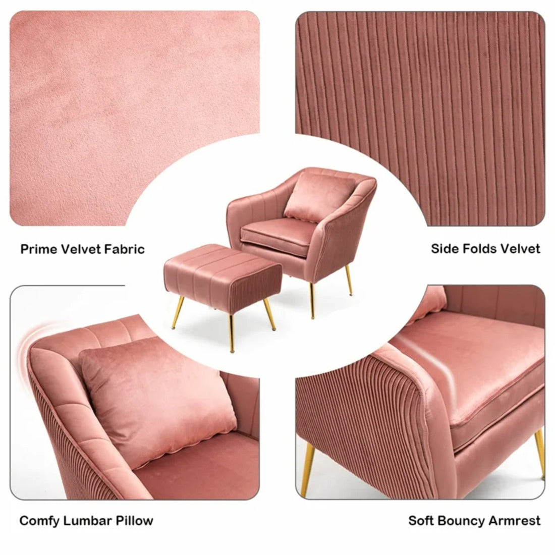 Peach Fluffy Super Comfy Luxury Velvet Accent Chair with Footrest