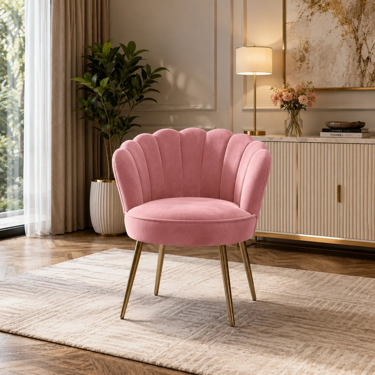 Pink Crafted Shell Designer Accent Armchair