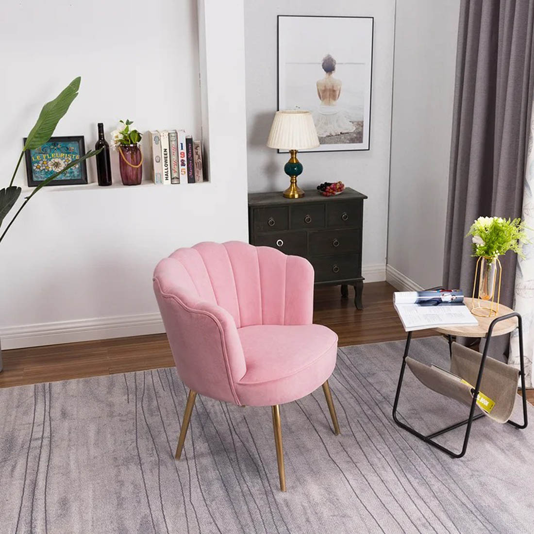 Pink Crafted Shell Designer Accent Armchair