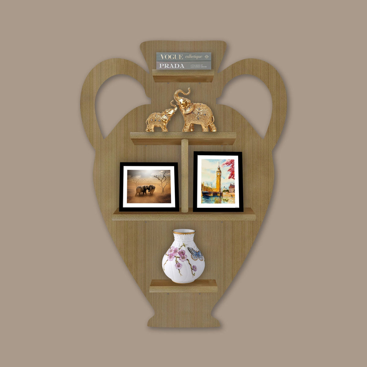 Pitcher Shape Wooden LED Light Wall Shelf with Oak Finish