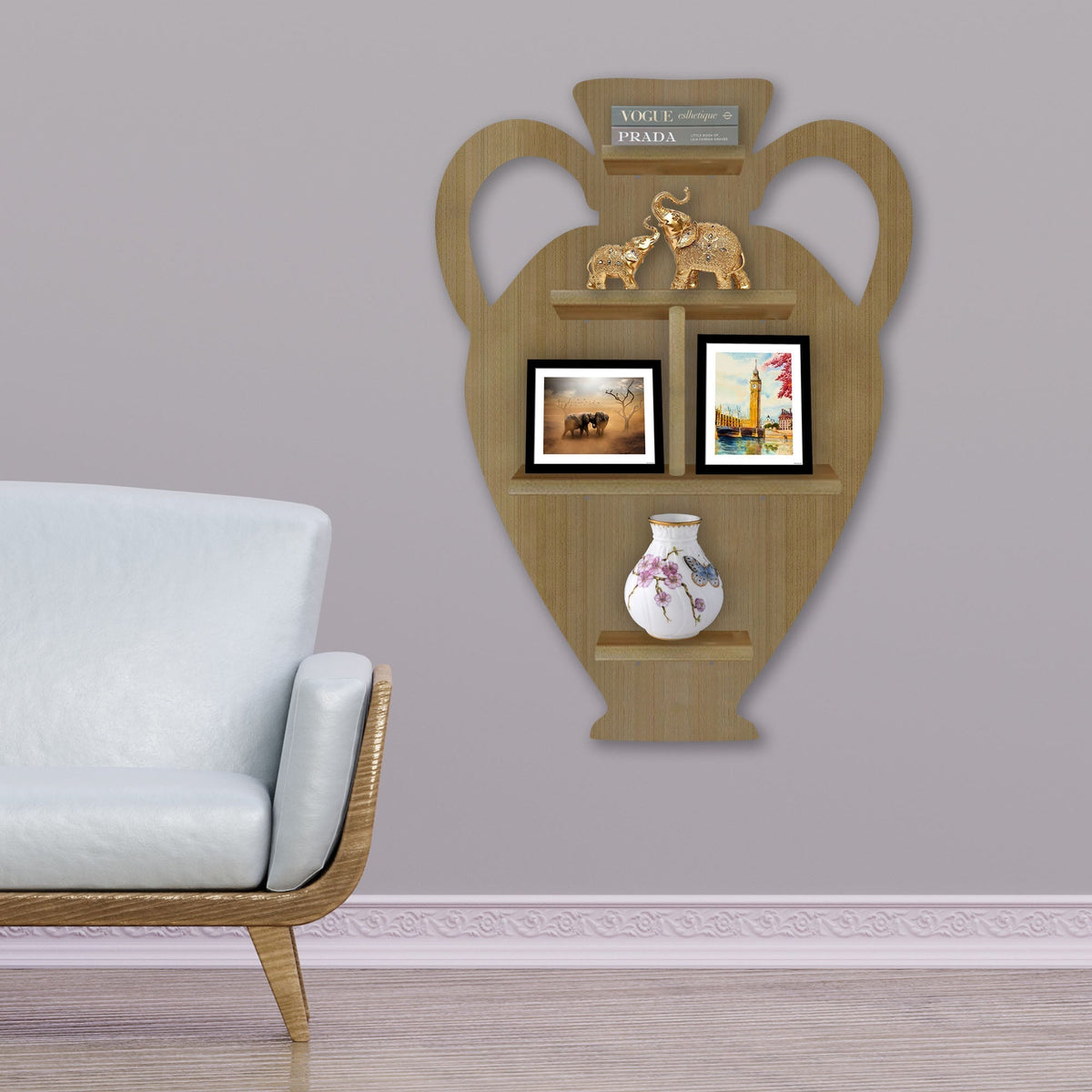 Pitcher Shape Wooden LED Light Wall Shelf with Oak Finish
