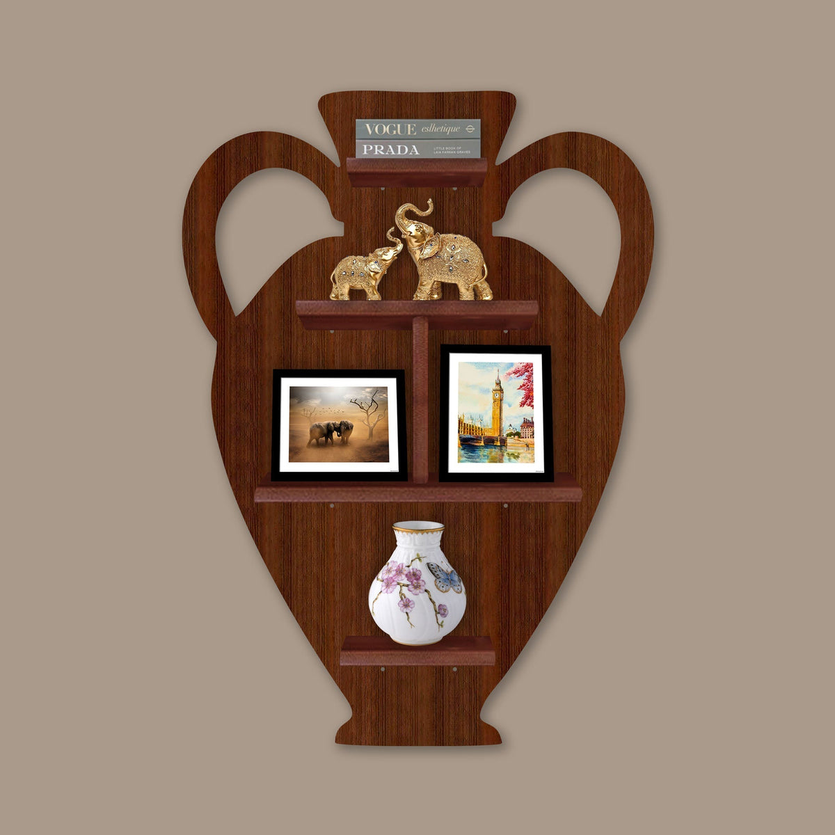 Pitcher Shape Wooden LED Light Wall Shelf with Walnut Finish