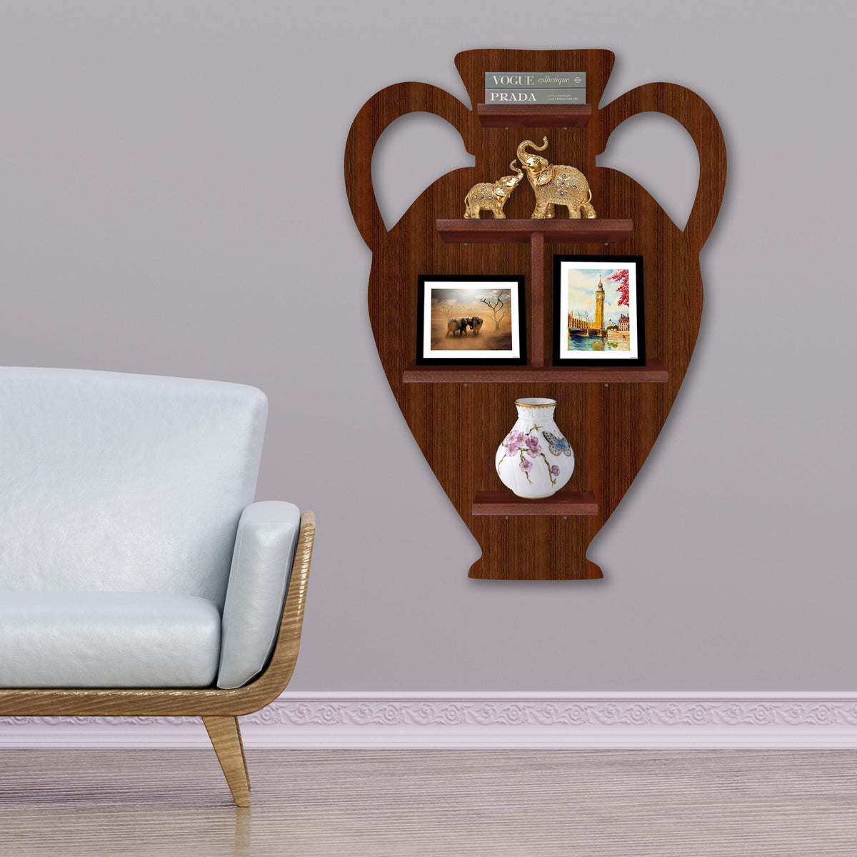 Pitcher Shape Wooden LED Light Wall Shelf with Walnut Finish
