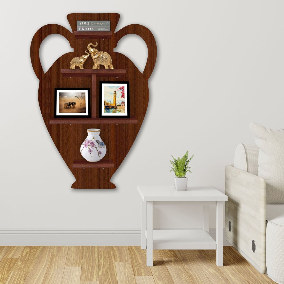 Pitcher Shape Wooden LED Light Wall Shelf with Walnut Finish