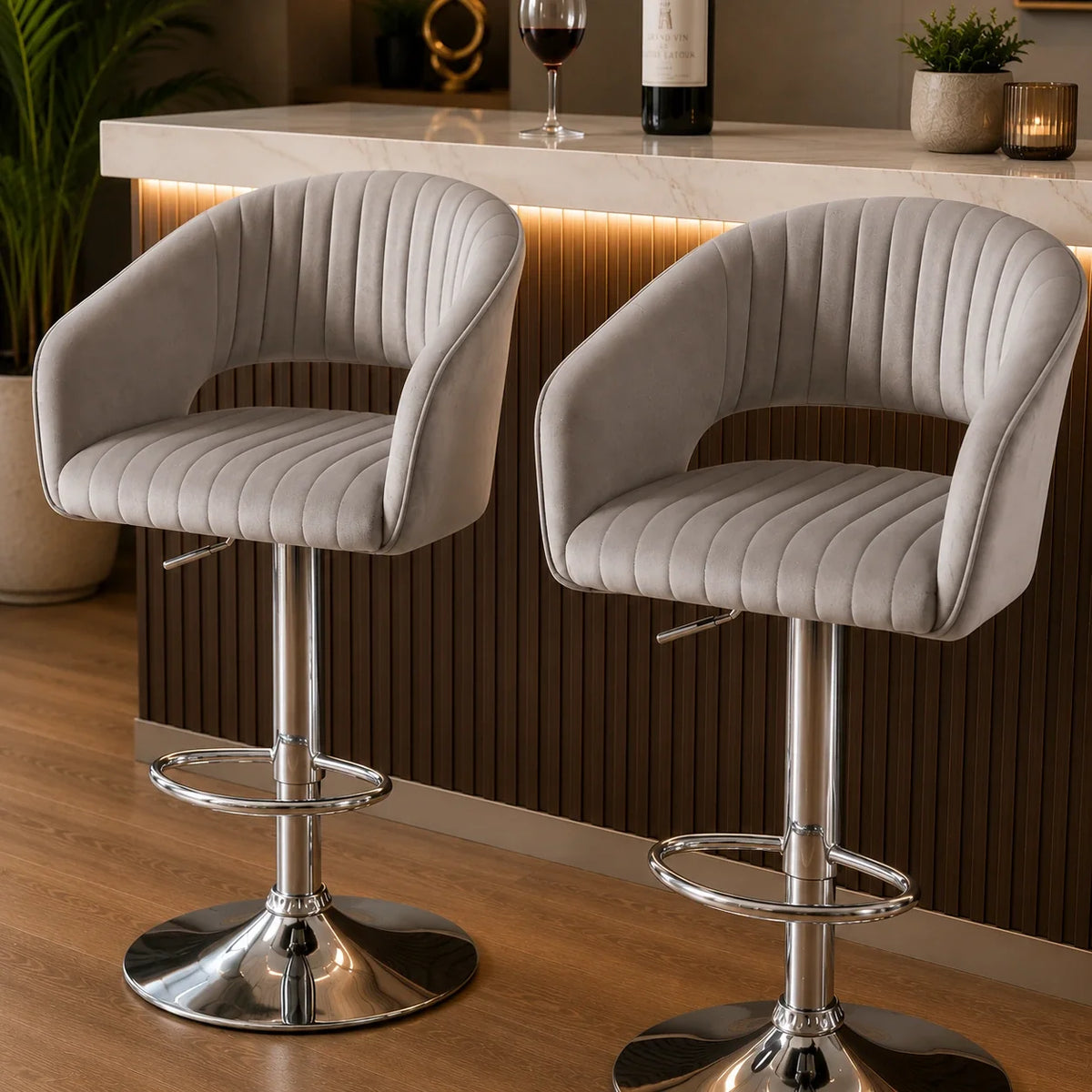 Plush Feel Grey Velvet Adjustable Bar Stool / Long Chair